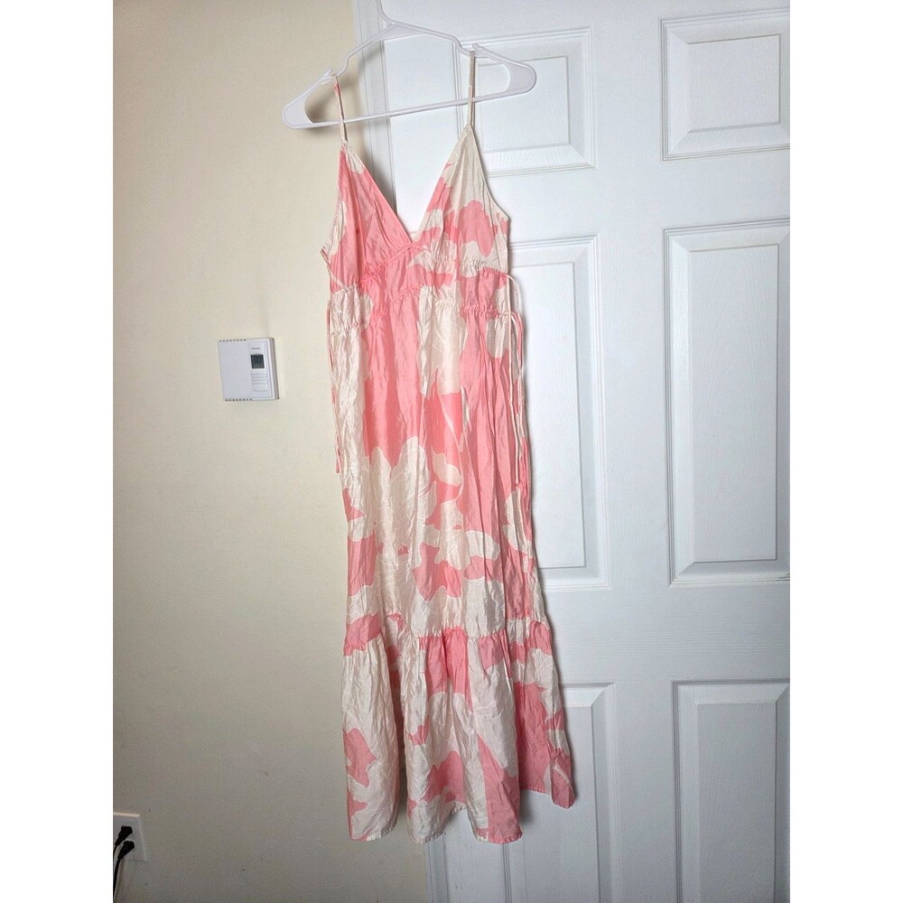 Sleeveless Watercolor Print V Neck Maxi Dress for Women Adjustable Drawstring S
